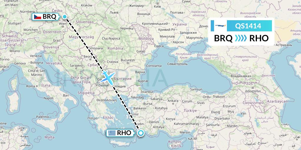 QS1414 Smartwings Flight Map: Brno to Rhodes