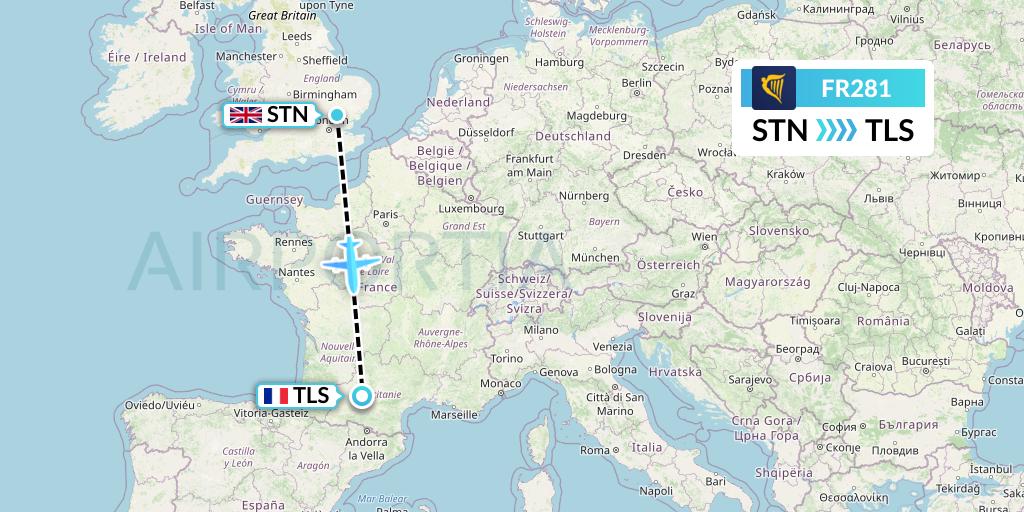 FR281 Ryanair Flight Map: London to Toulouse