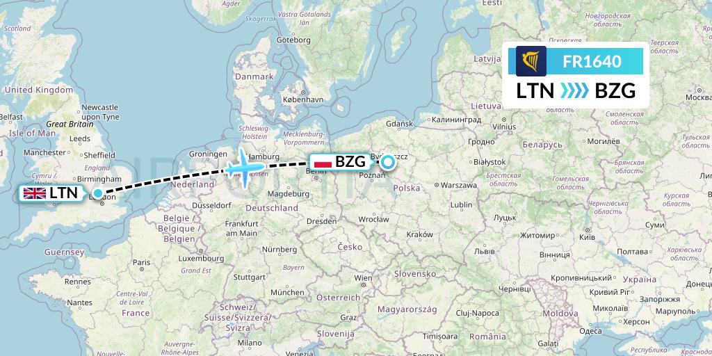 FR1640 Ryanair Flight Map: London to Bydgoszcz