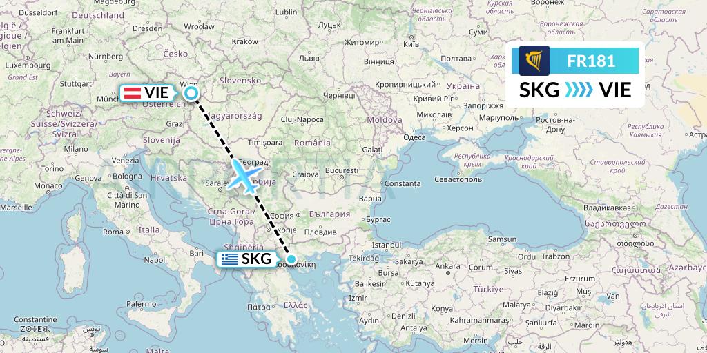 FR181 Ryanair Flight Map: Thessaloniki to Vienna