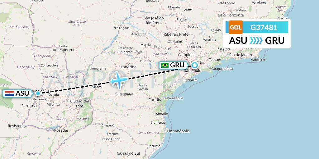G37481 GOL Transportes Aeros Flight Map: Asuncion to Sao Paulo