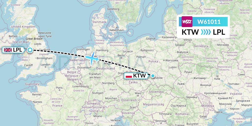 W61011 Wizz Air Flight Map: Katowice to Liverpool