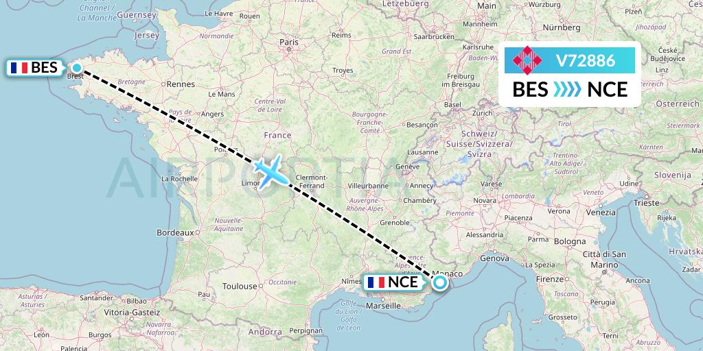 V72886 Volotea Flight Map: Brest to Nice