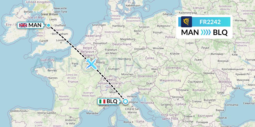 FR2242 Ryanair Flight Map: Manchester to Bologna