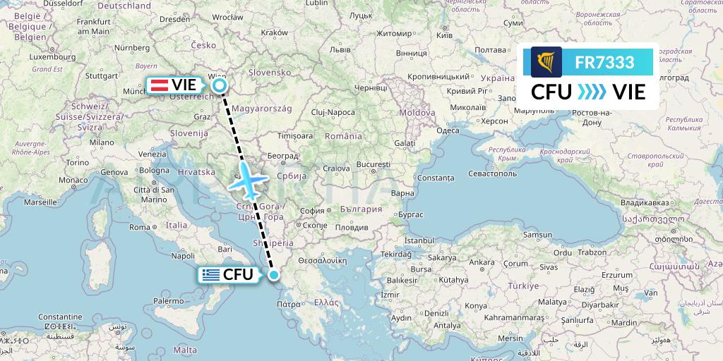FR7333 Ryanair Flight Map: Corfu to Vienna