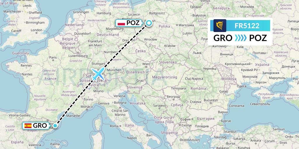 FR5122 Ryanair Flight Map: Girona to Poznan