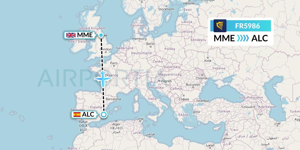 FR5986 Ryanair Flight Map: Darlington to Alicante