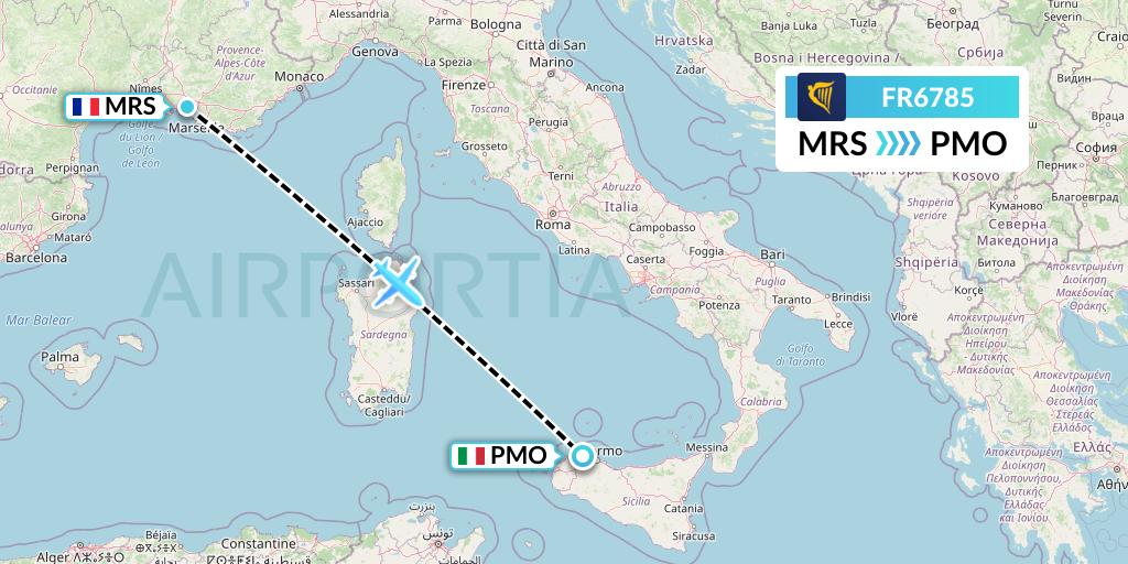 FR6785 Ryanair Flight Map: Marseille to Palermo