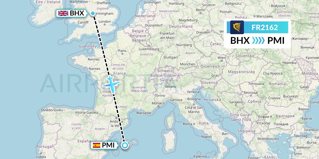 FR2162 Ryanair Flight Map: Birmingham to Palma de Mallorca