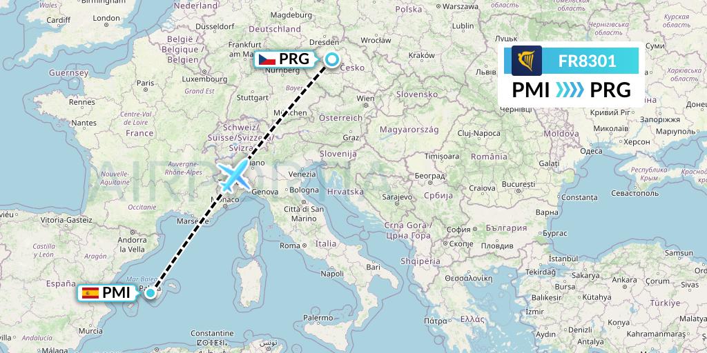 FR8301 Ryanair Flight Map: Palma de Mallorca to Prague