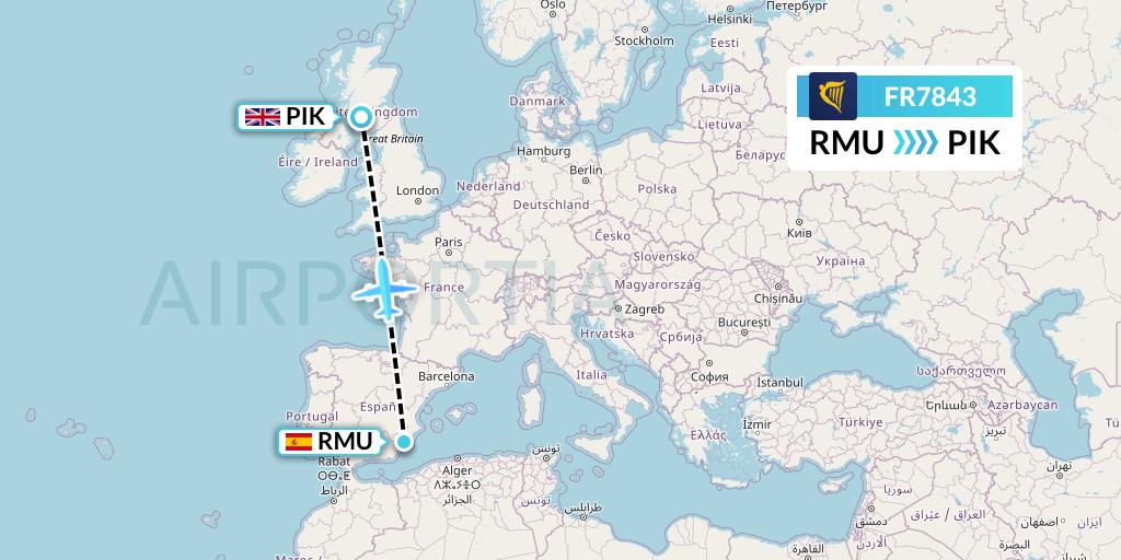 FR7843 Ryanair Flight Map: Murcia to Prestwick