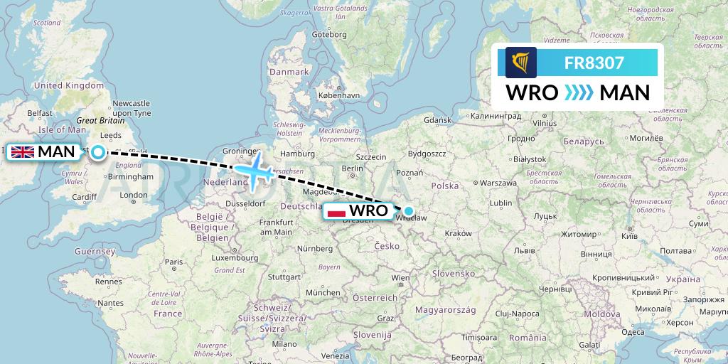 FR8307 Ryanair Flight Map: Wroclaw to Manchester