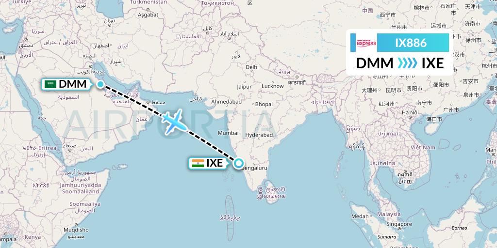 IX886 Air India Express Flight Map: Dammam to Mangalore