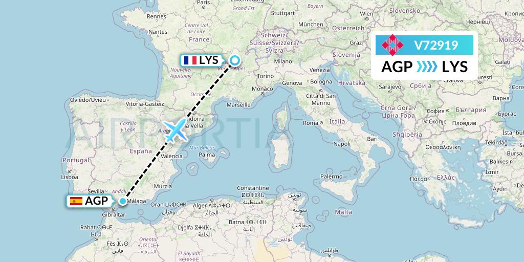 V72919 Volotea Flight Map: Malaga to Lyon