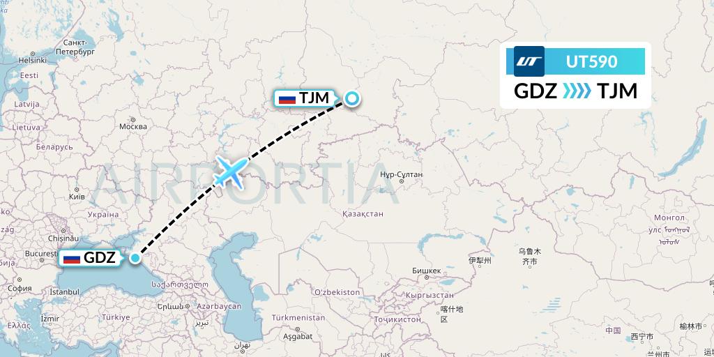 UT590 UTair Flight Map: Gelendzhik to Tyumen