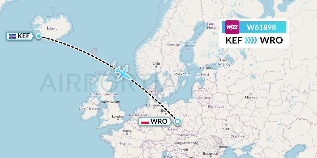 W61898 Wizz Air Flight Map: Reykjavik to Wroclaw