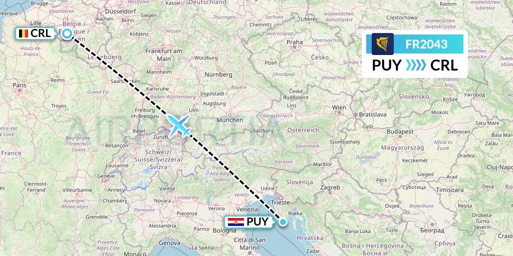FR2043 Ryanair Flight Map: Pula to Brussels