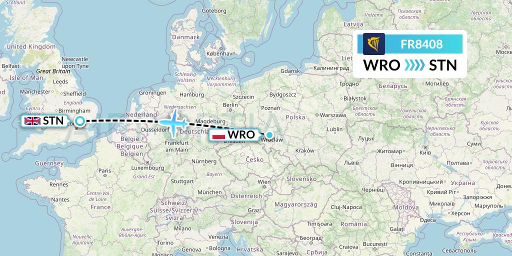 FR8408 Ryanair Flight Map: Wroclaw to London