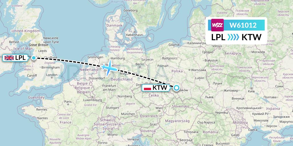 W61012 Wizz Air Flight Map: Liverpool to Katowice