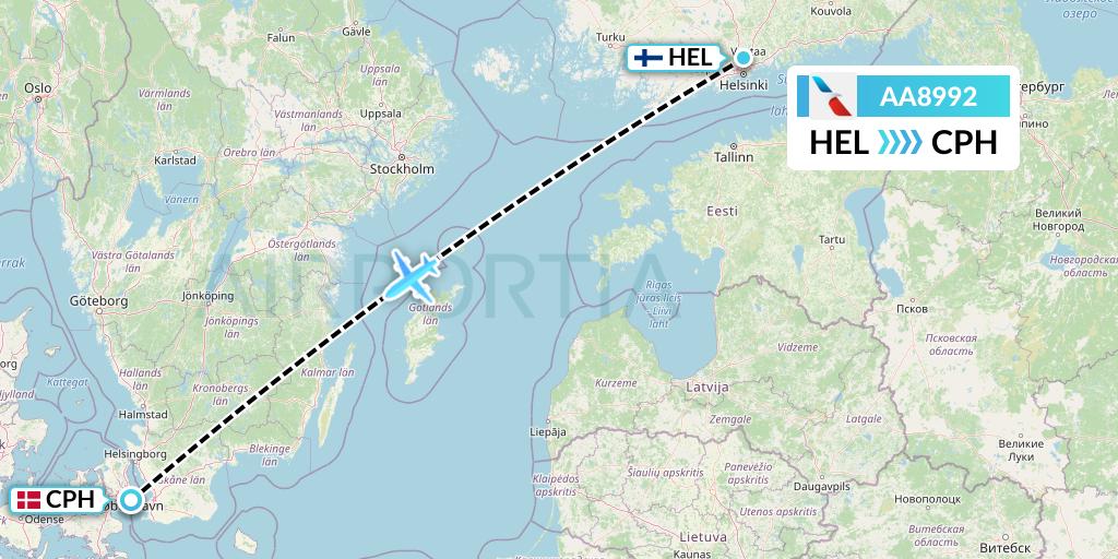AA8992 American Airlines Flight Map: Helsinki to Copenhagen