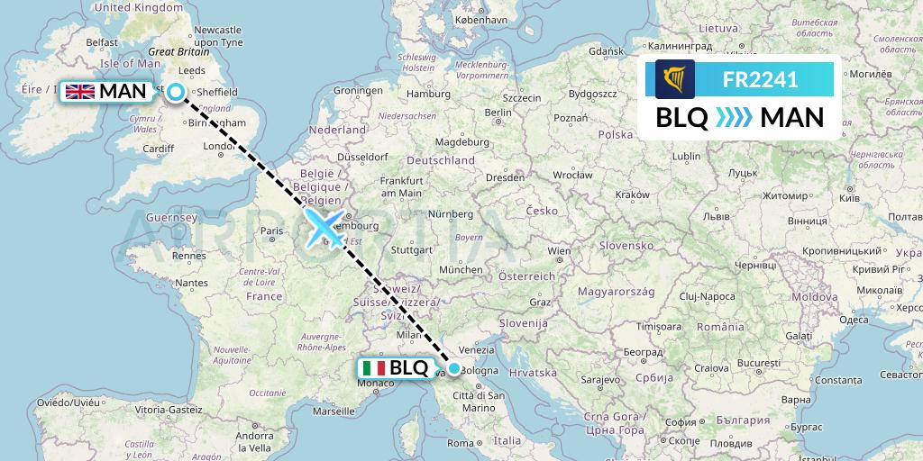 FR2241 Ryanair Flight Map: Bologna to Manchester