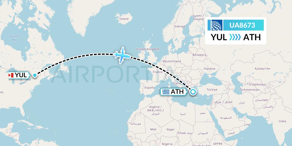 UA8673 United Airlines Flight Map: Montreal to Athens