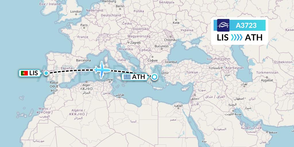 A3723 Aegean Airlines Flight Map: Lisbon to Athens