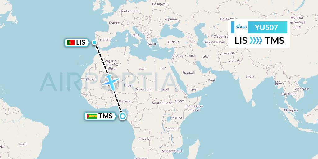YU507 EuroAtlantic Airways Flight Map: Lisbon to Sao Tome