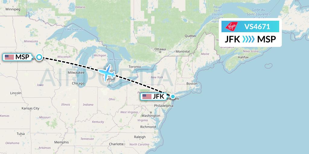 VS4671 Virgin Atlantic Airways Flight Map: New York to Minneapolis