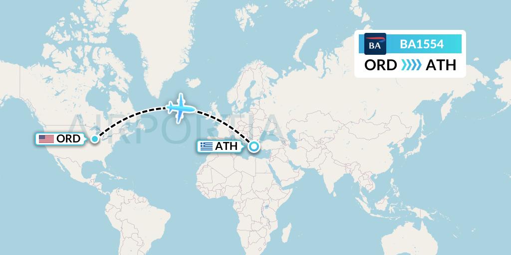 BA1554 British Airways Flight Map: Chicago to Athens