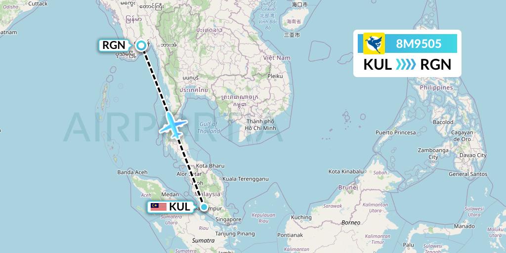8M9505 Myanmar Airways International Flight Map: Kuala Lumpur to Yangon