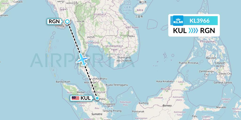 KL3966 KLM Flight Map: Kuala Lumpur to Yangon
