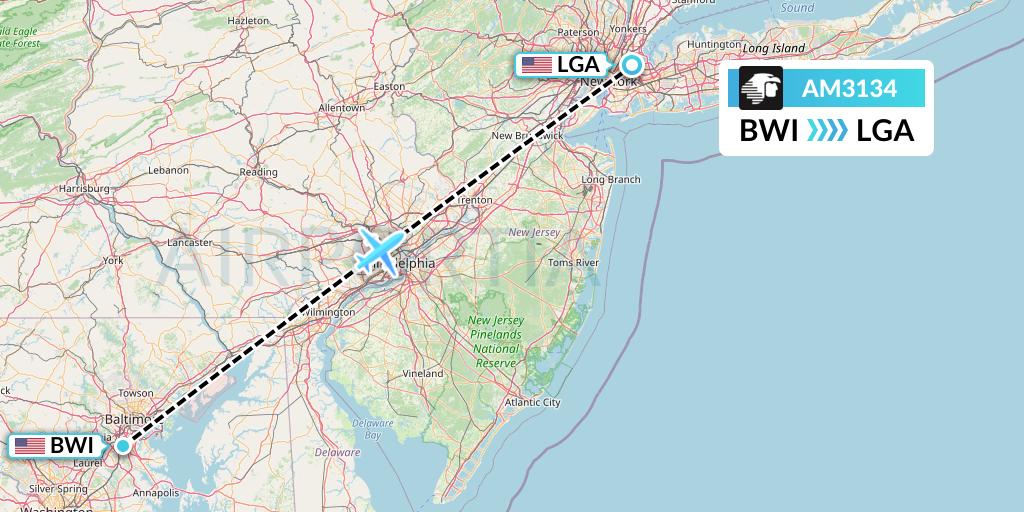 AM3134 Aeromexico Flight Map: Baltimore to New York