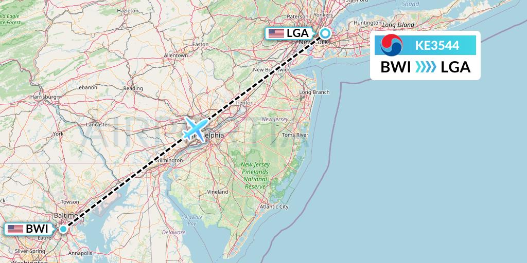 KE3544 Korean Air Flight Map: Baltimore to New York