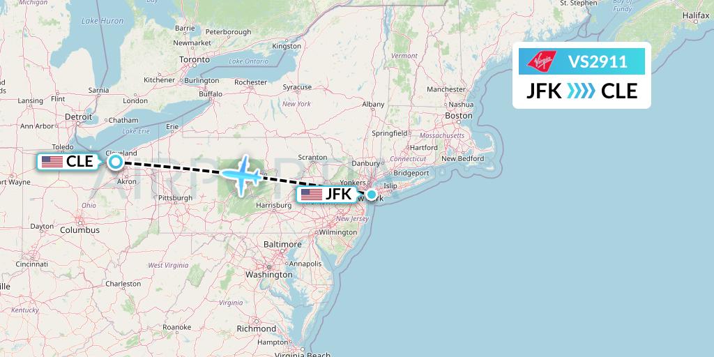 VS2911 Virgin Atlantic Airways Flight Map: New York to Cleveland