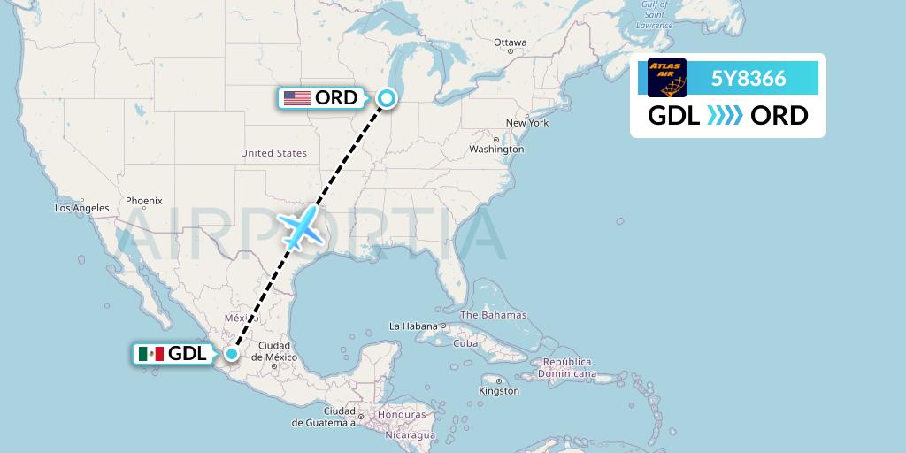 5Y8366 Atlas Air Flight Map: Guadalajara to Chicago