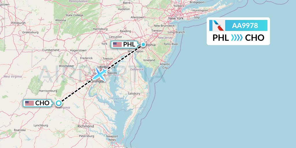 AA9978 American Airlines Flight Map: Philadelphia to Charlottesville