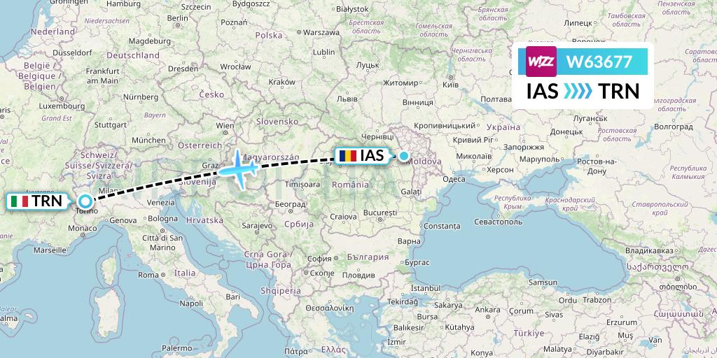 W63677 Wizz Air Flight Map: Iasi to Turin