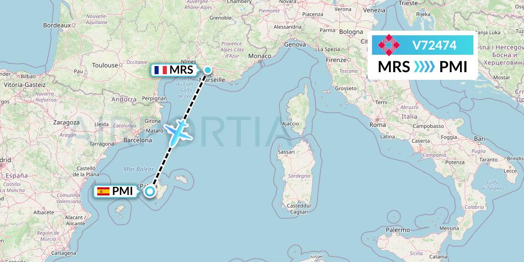 V72474 Volotea Flight Map: Marseille to Palma de Mallorca