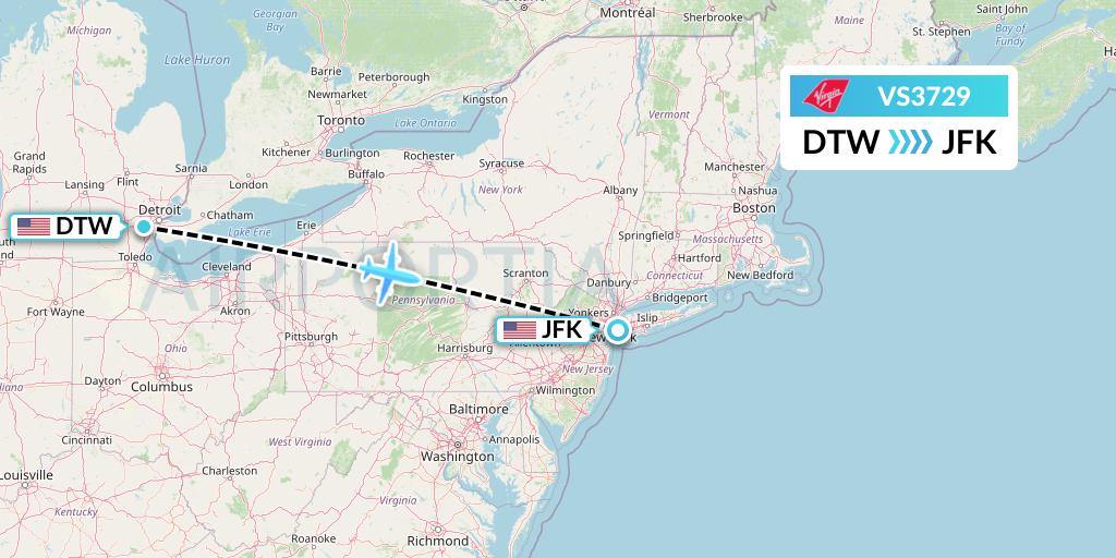 VS3729 Virgin Atlantic Airways Flight Map: Detroit to New York