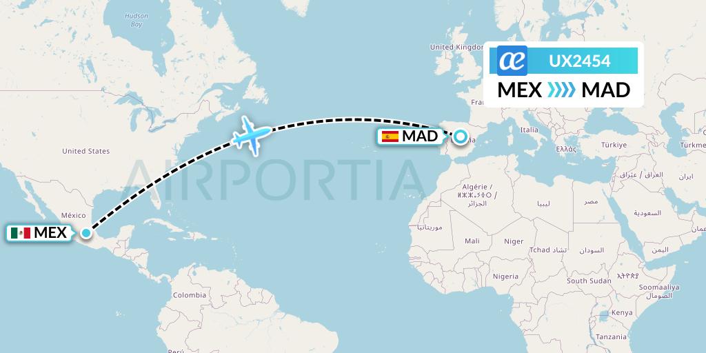 UX2454 Air Europa Flight Map: Mexico City to Madrid