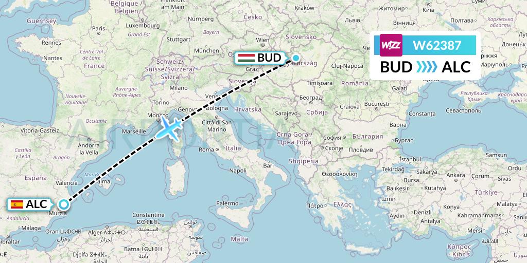 W62387 Wizz Air Flight Map: Budapest to Alicante