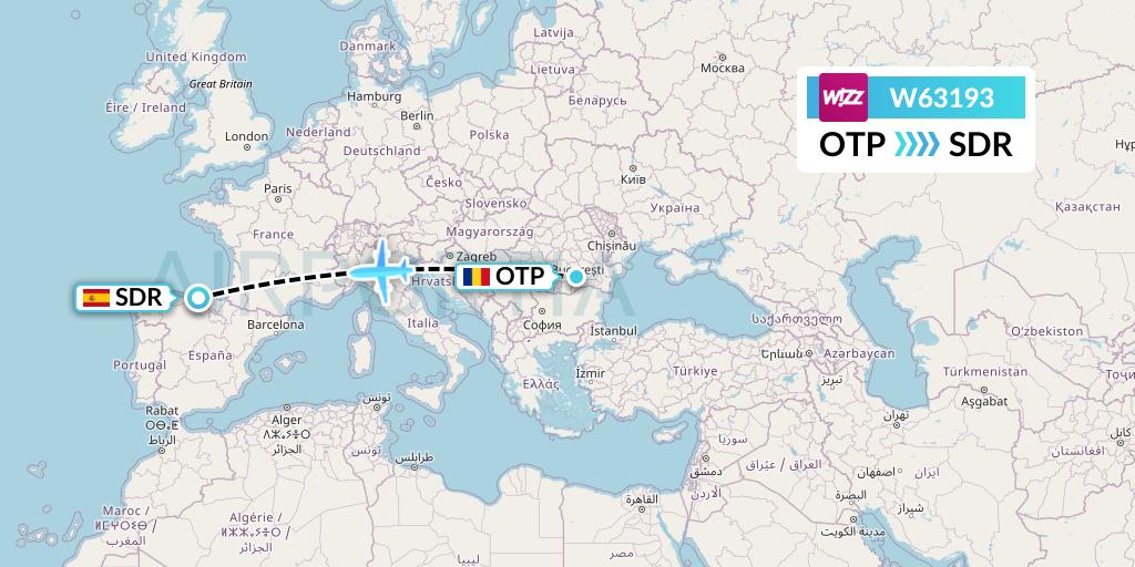 W63193 Wizz Air Flight Map: Bucharest to Santander
