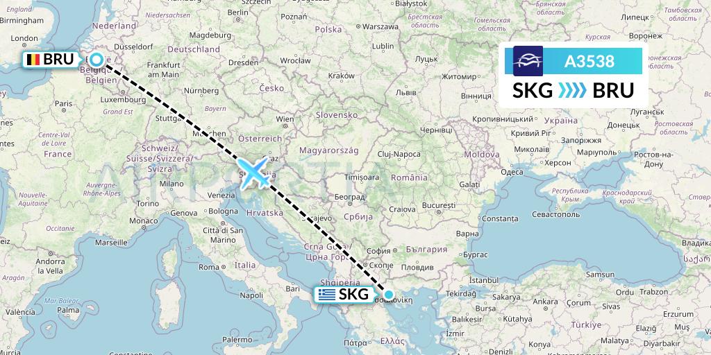A3538 Aegean Airlines Flight Map: Thessaloniki to Brussels