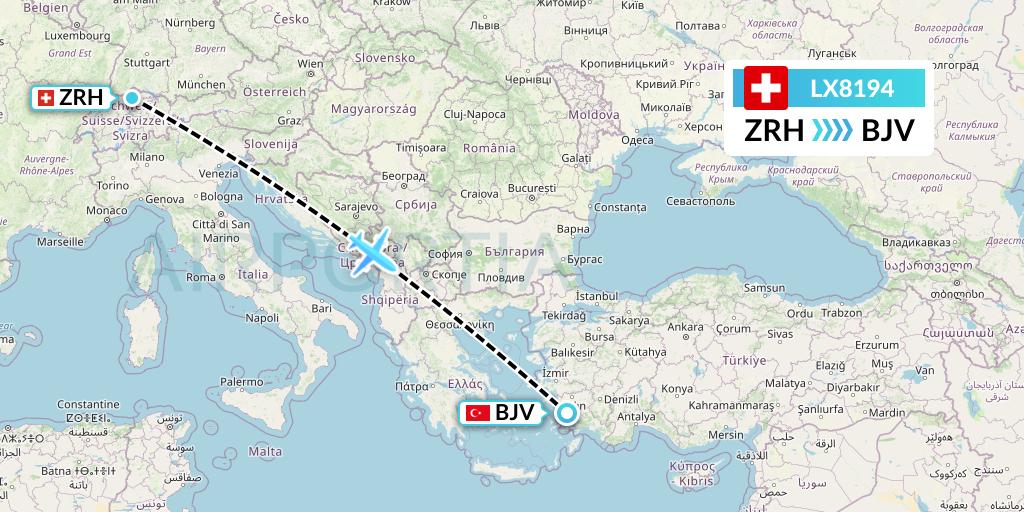 LX8194 Swiss Flight Map: Zurich to Bodrum