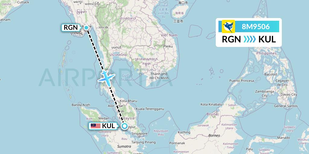 8M9506 Myanmar Airways International Flight Map: Yangon to Kuala Lumpur
