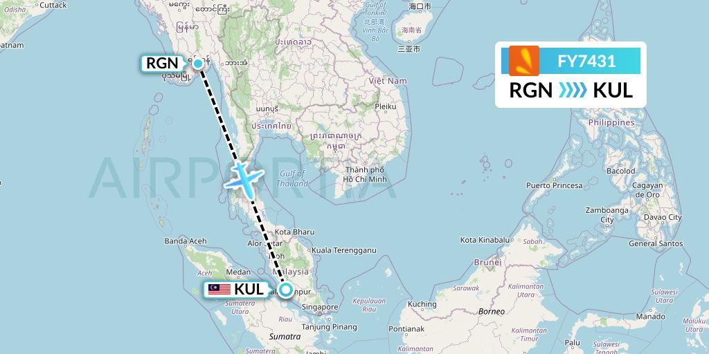FY7431 Firefly Flight Map: Yangon to Kuala Lumpur