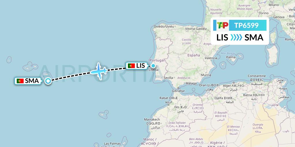 TP6599 TAP Portugal Flight Map: Lisbon to Santa Maria
