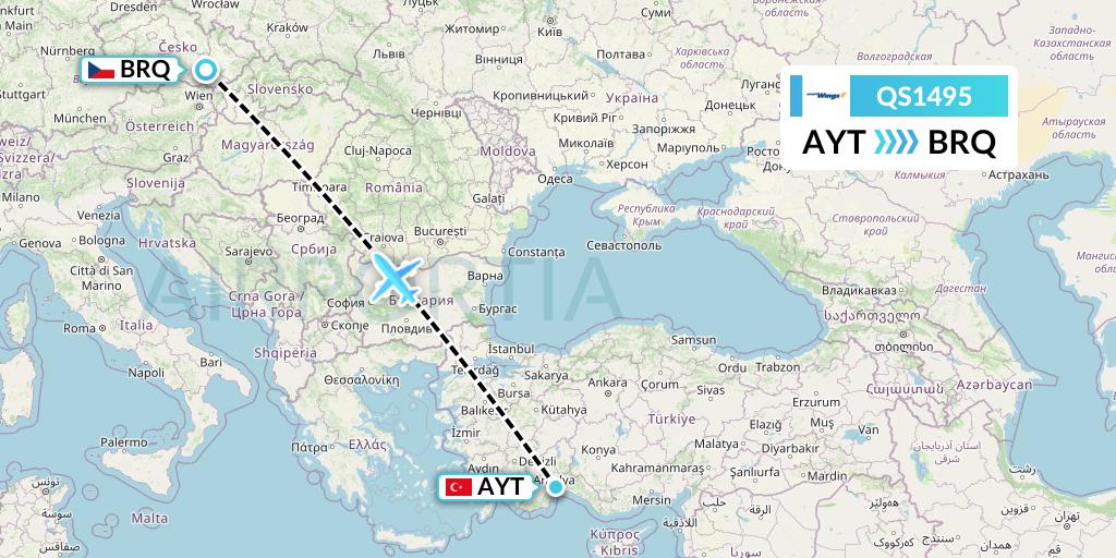 QS1495 Smartwings Flight Map: Antalya to Brno