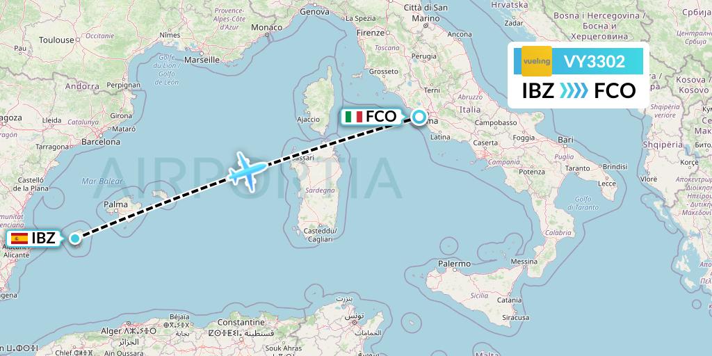VY3302 Vueling Flight Map: Ibiza to Rome